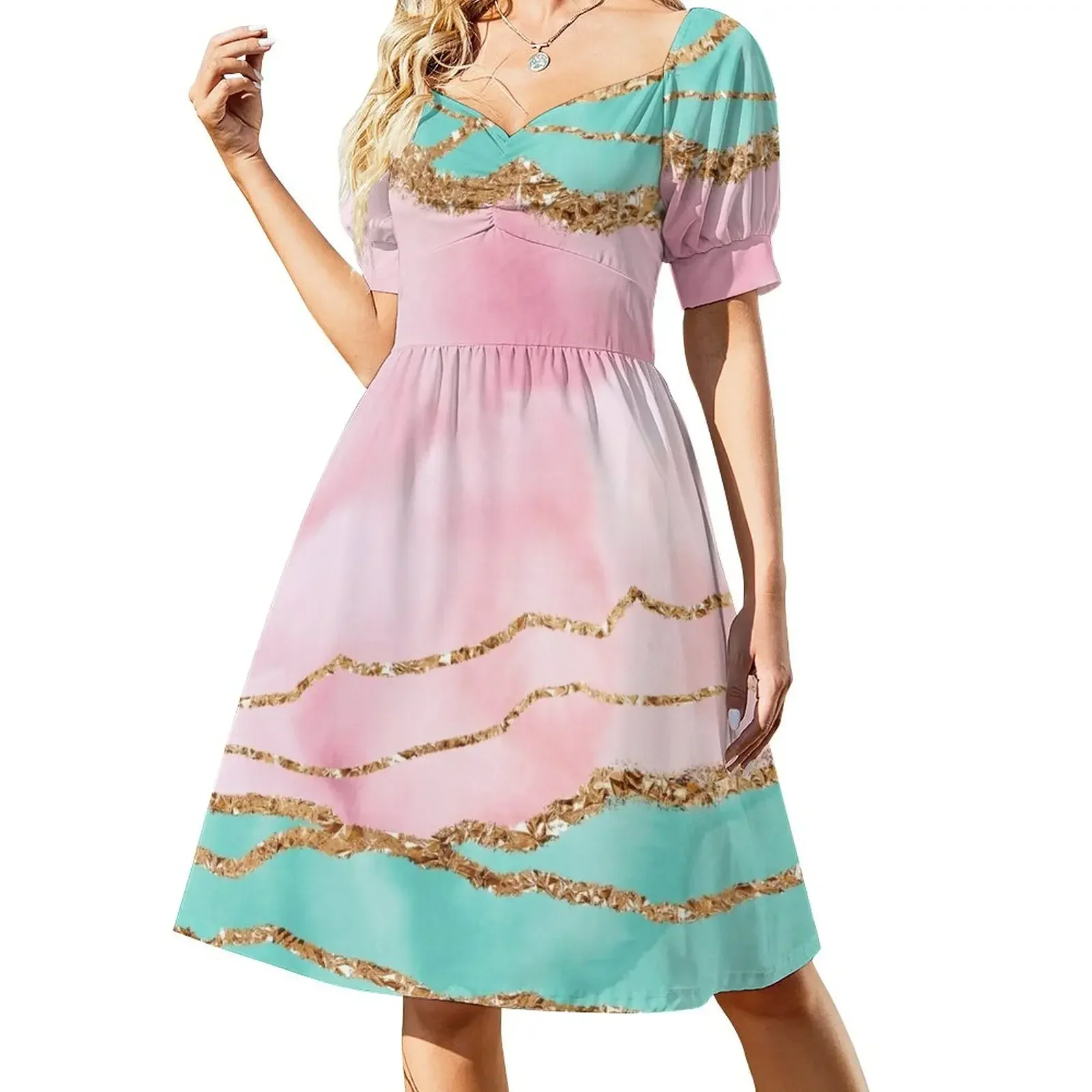 Vestido femenino de tendencia rosa y verde océano con paisaje de mármol sintético sin mangas, vestido de fiesta, vestidos de mujer, vestido de verano 2025