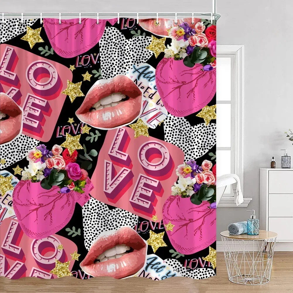 Rosa Parfüm Duschvorhang Kosmetik Lippe Blume Panther Muster Badezimmer Dekorationen Duschvorhang