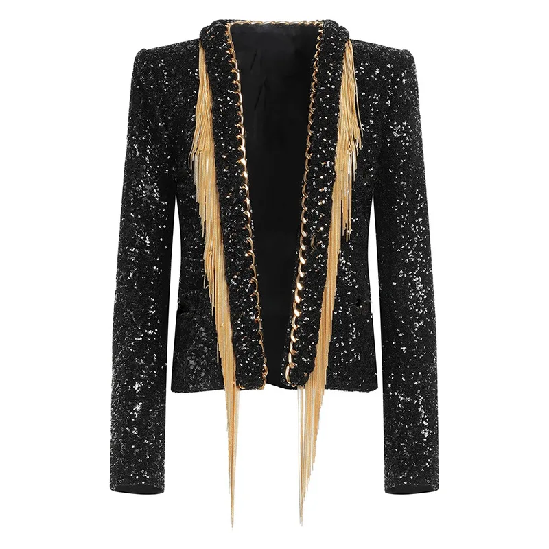 

2024 Europe and the United States star fashion new heavy industry fringe chain sequin green fruit collar jacket cardigan coat