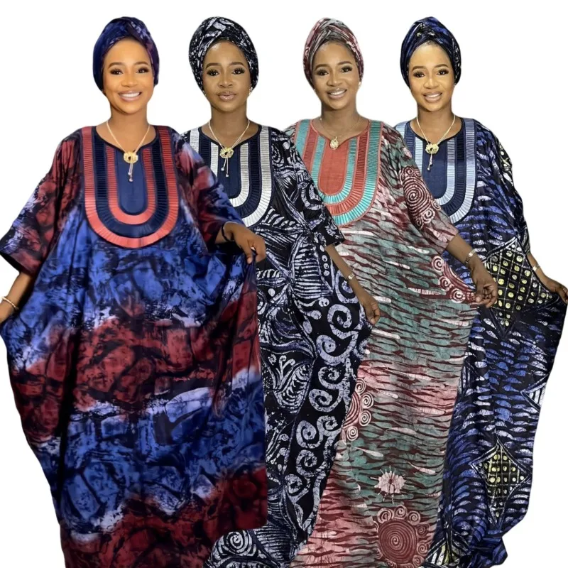 

African Embroidered Printed Loose Gown with Headscarf Large Size Gown Dress Women