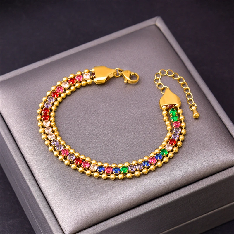316L Stainless Steel New Fashion Fine Jewelry 3 Different Styles Embedding Colorful Zircon Beads Charm Chain Bracelets For Women