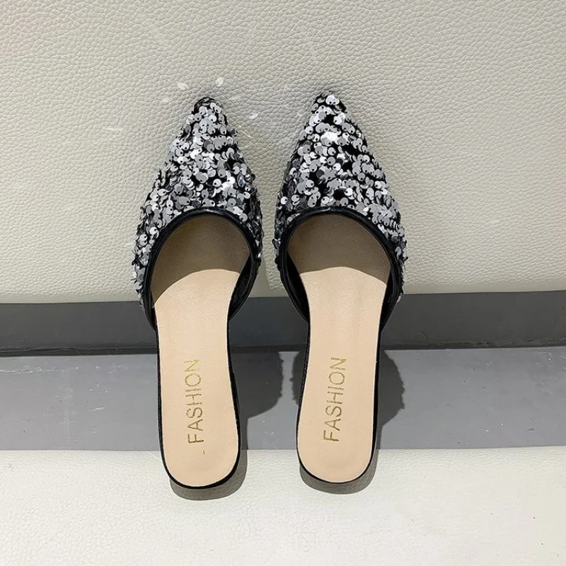 New 2023 Fashion Sequin Pointed Toe Slides 3 Cm Square Low Heels Half Slippers Summer Casual Beach Women Sandals Outdoor Mules