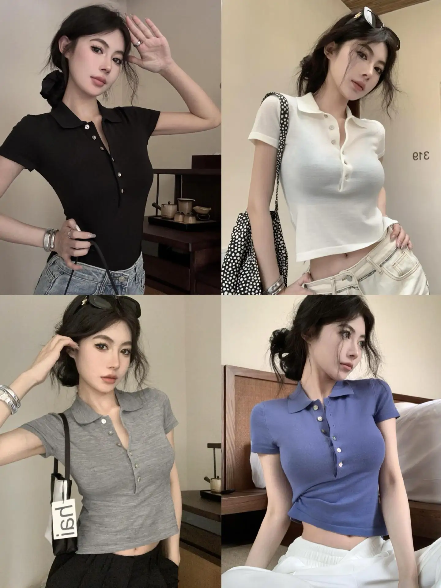 2024 Korean style age-reducing lapel buttoned slimming commuter knitted polo short-sleeved T-shirt top