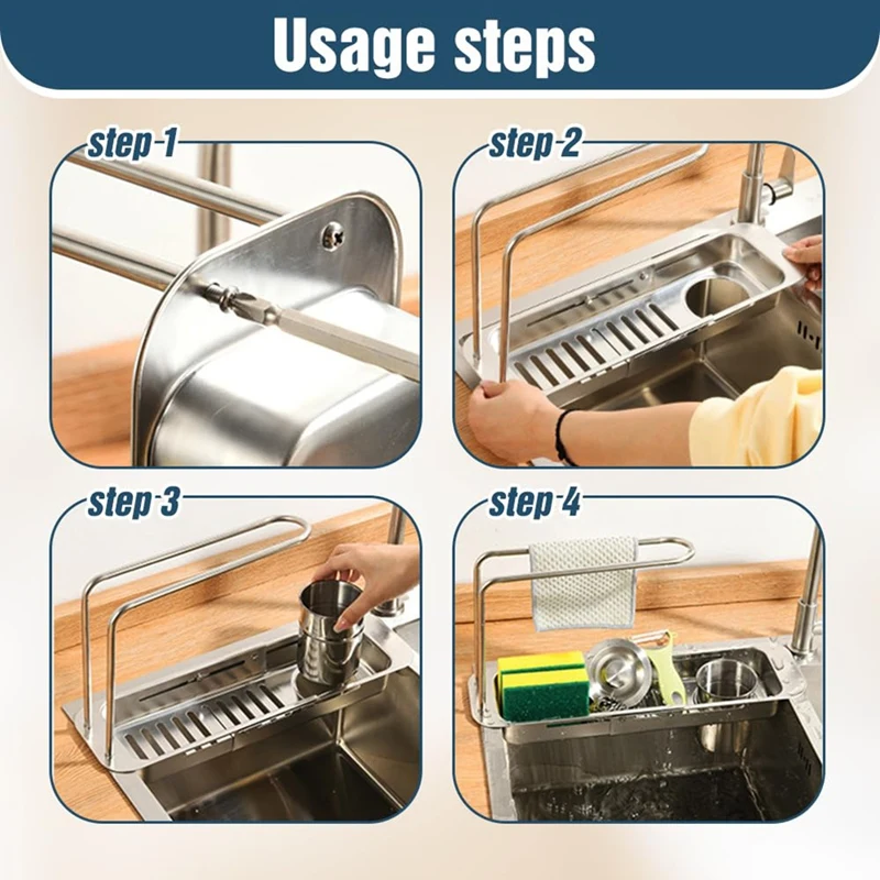 WISH – égouttoir extensible en acier inoxydable, porte-éponge pour évier de cuisine, étendoir à vaisselle pour comptoir de cuisine