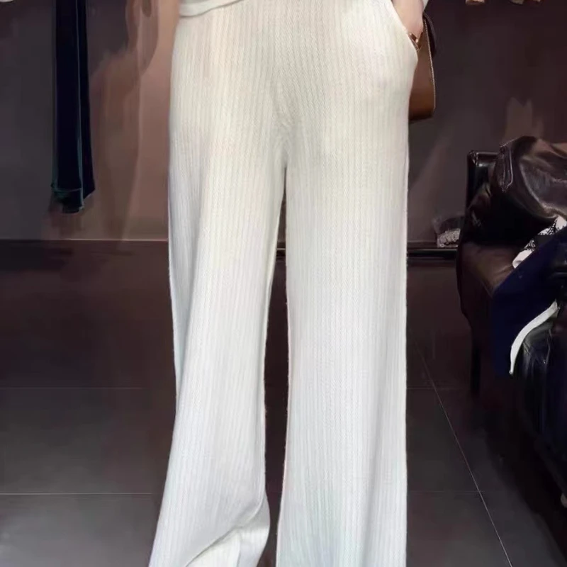 

White knitted wide leg pants with high waist, casual and versatile straight leg pants, women's spring and autumn pants