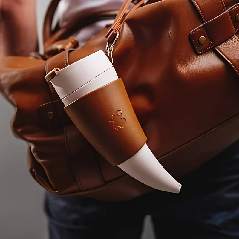 

Vintage Leather Wrapped Insulated Travel Coffee Mug with Strap Portable Outdoor Cup
