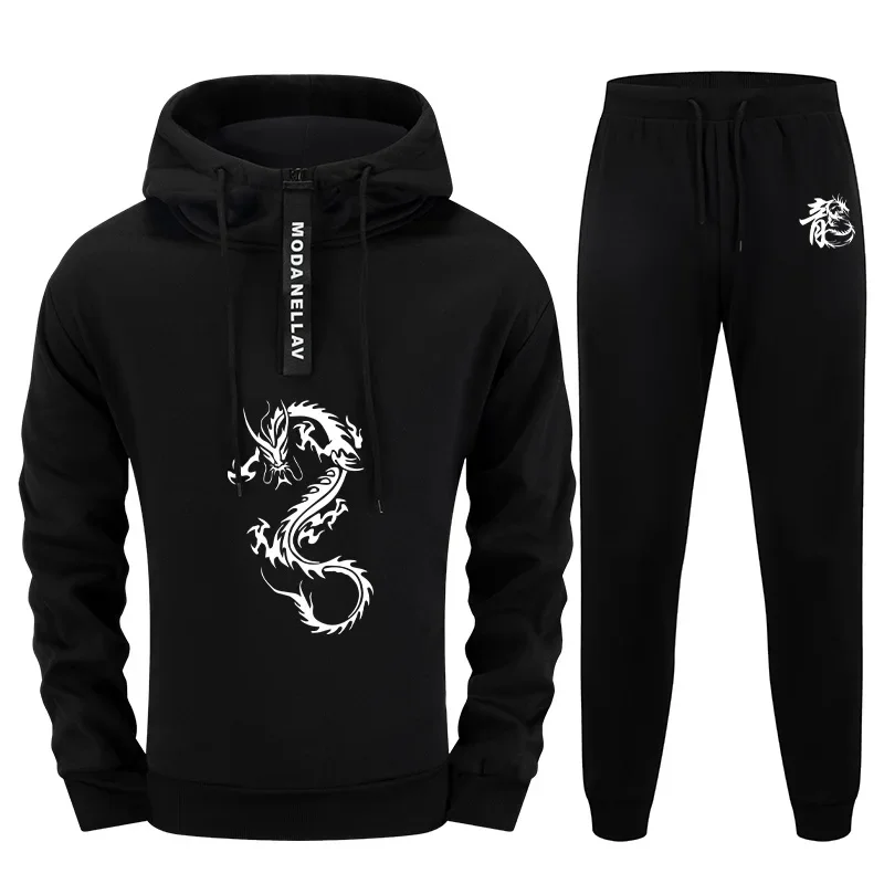 

Chinese Dragon Print Hoodie Sweatpants Men's Tracksuit High Quality Half-zip Sweatshirt Black Jogger Pants Casual Sportswear