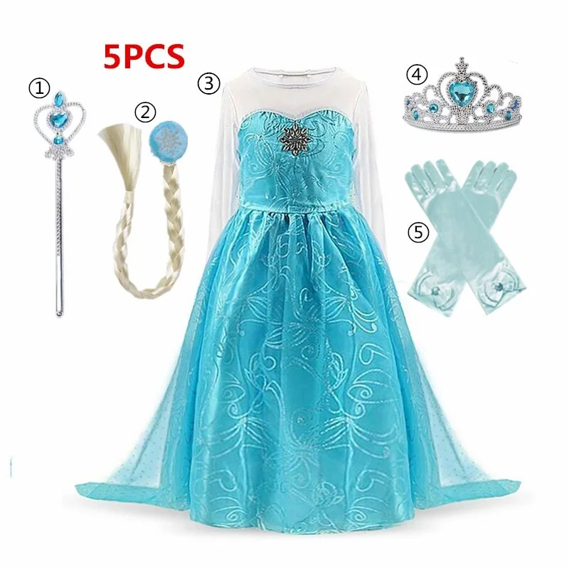 Elsa Costume for Girls 2024 White Sequin Carnival Party Kids Clothes Children Halloween Cosplay Snow Queen Elsa Princess Dress