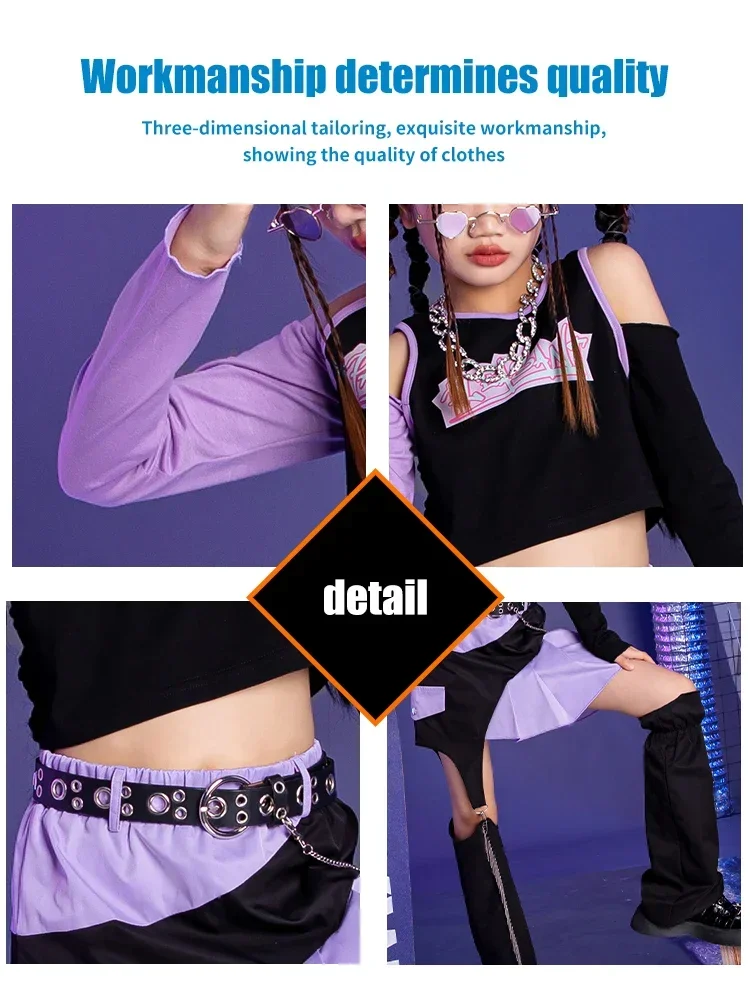 Gonna superiore a maniche lunghe per danza jazz per ragazze, set di costumi cool per bambini, abbigliamento da ballo di strada hip hop per bambini autunno e inverno
