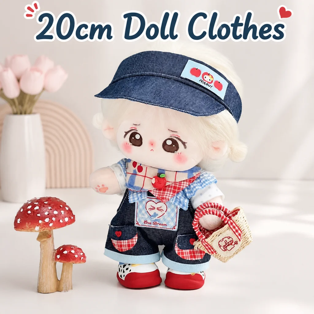 20CM Cotton Doll Clothes Blue Bubble Strap Series Set Cute Cherry Scarf And Checkered Pattern No Attribute Clothing