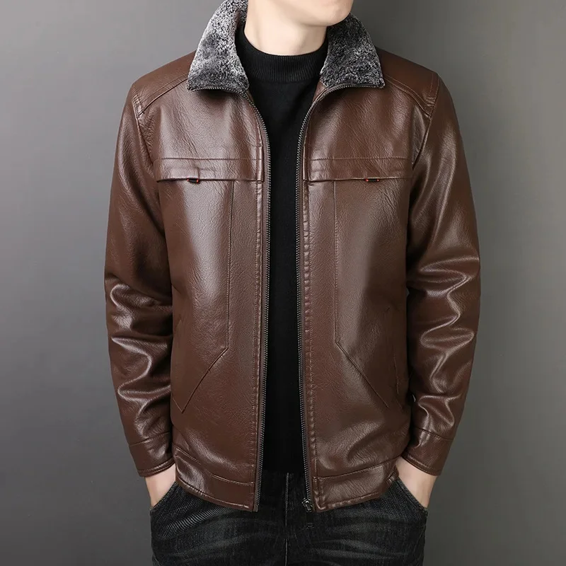 2023 New Men Youth Casual Lapel Solid Color Leather Jacket Winter Thickened Velvet Padded Large Size Fashion Outwear