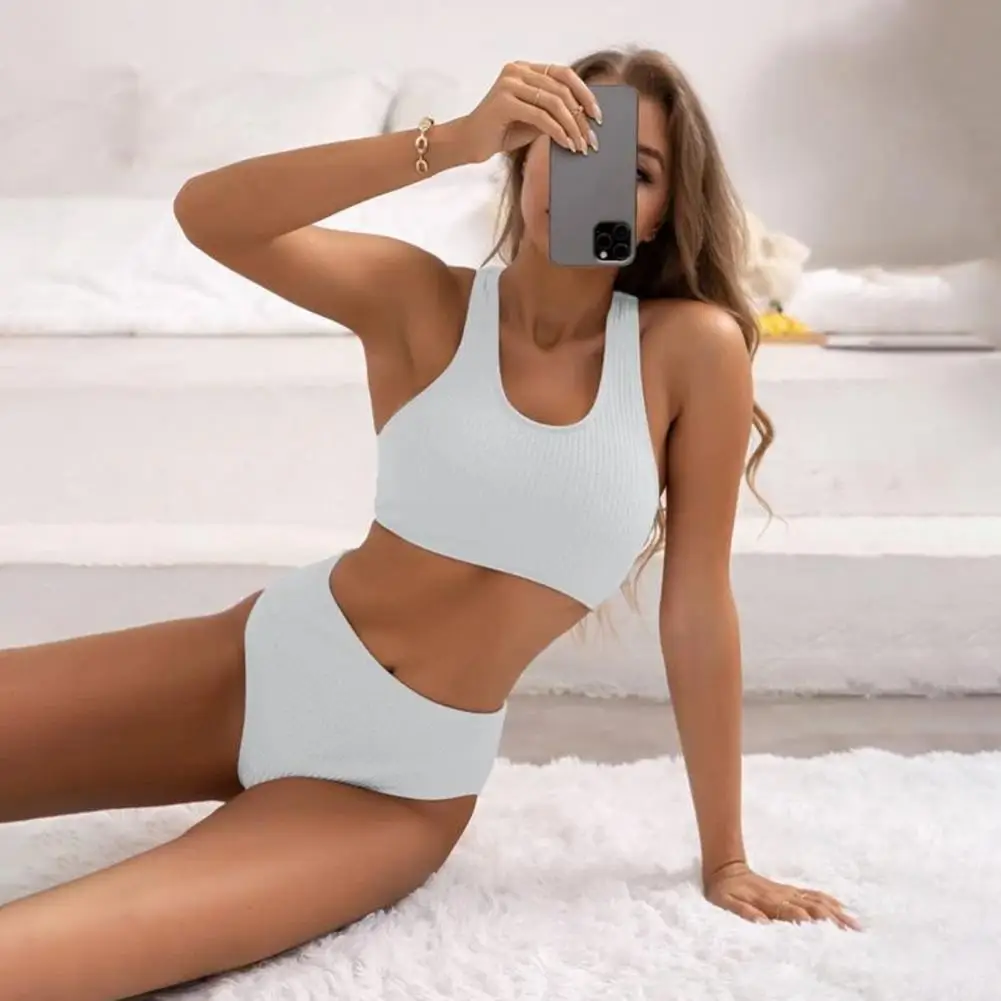 Легкий комплект бикини, нагрудник, стильный бикини, 2025 г., женский комплект бикини в рубчик, плавки с высокой талией, съемная подкладка на лето