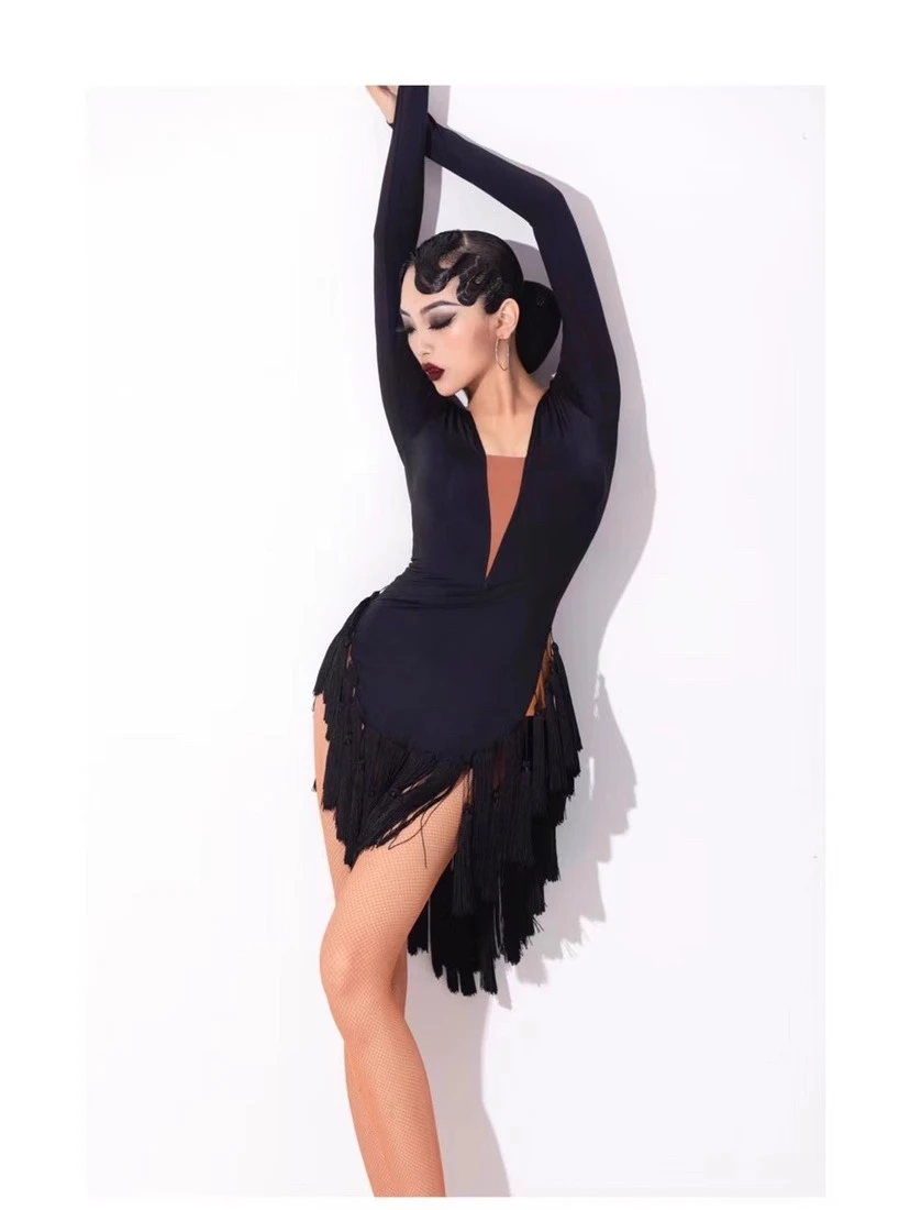 

UK Latin Dance Dress Long Sleeve Backless with Fringe Details, Leg-Lengthening Cha-Cha Practice Wear Performance Costume