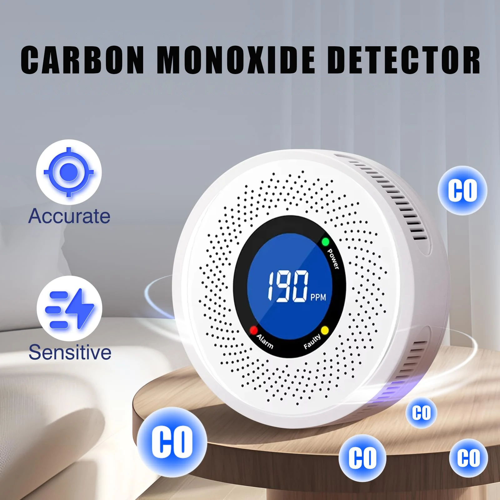 Smart Carbon Monoxide Detector with Large LCD Display Replaceable Battery Operated Household CO Detector Alarm for Home Kitchen