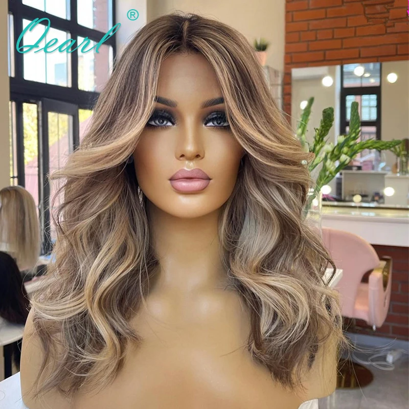 

New in Natural Brown Dirty Ash Blonde Highlights Human Hair Wigs Full Lace Frontal Wig Pre Plucked Glueless Top Lace Wig Qearl