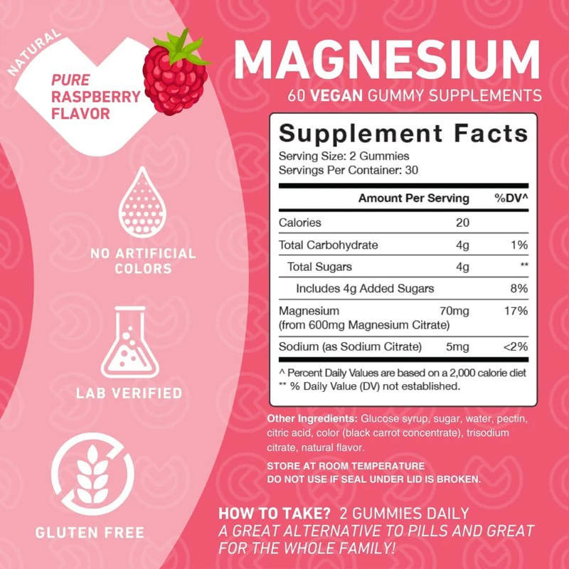 Magnesium Citrate Gummies 600mg Adult - Used for cramps, muscle recovery, bone and energy support -60 vegetarian gummies