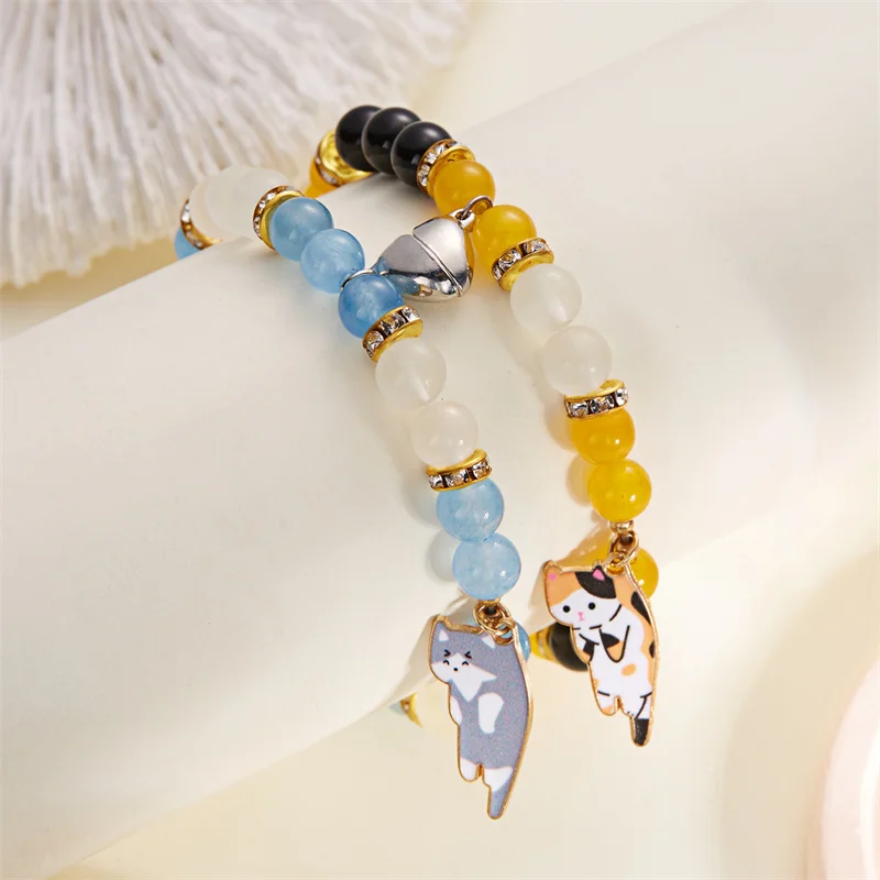 Passende magnetische Paar-Armbänder für Liebhaber, süßer Katzen-Anhänger, Freundschaftsschmuck, Naturstein-Perlen-Armreifen, Valentinstagsgeschenk – Detail 5