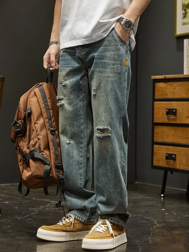 

Модная корейская одежда, рваные джинсы, мужские весенние новые потертые старые повседневные брюки в стиле ретро, свободные прямые брюки для бега на улице