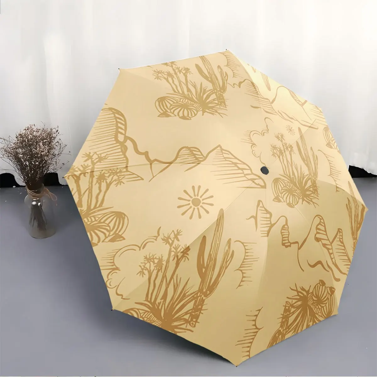 

Open/Close Folding Umbrella with Beige & Golden Desert Cactus & Mountain Design - 8-Rib Compact Portable Umbrella with Handle