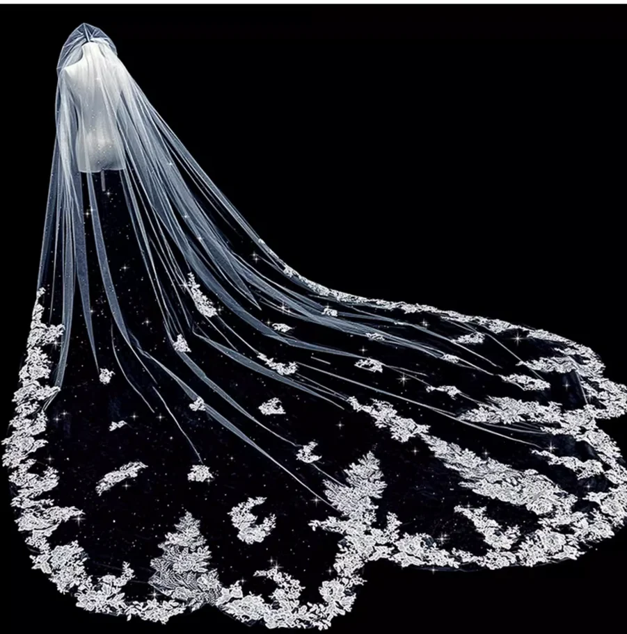 The bride's wedding veil is an ethereal, forest-inspired, high-class lace long train veil that sparkles and shines.