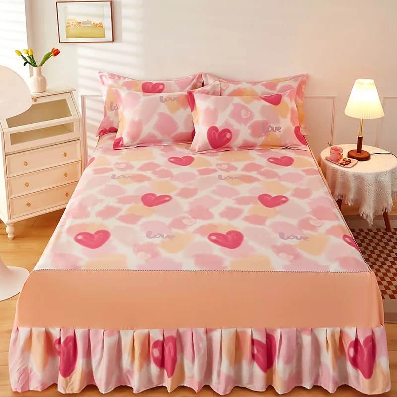 Love Heart Pattern Ruffle Bed Skirt 3pcs Cotton Bedskirt Color Heartbeat Print Bedspread Set Romantic Heart Geometric Bed Sheet