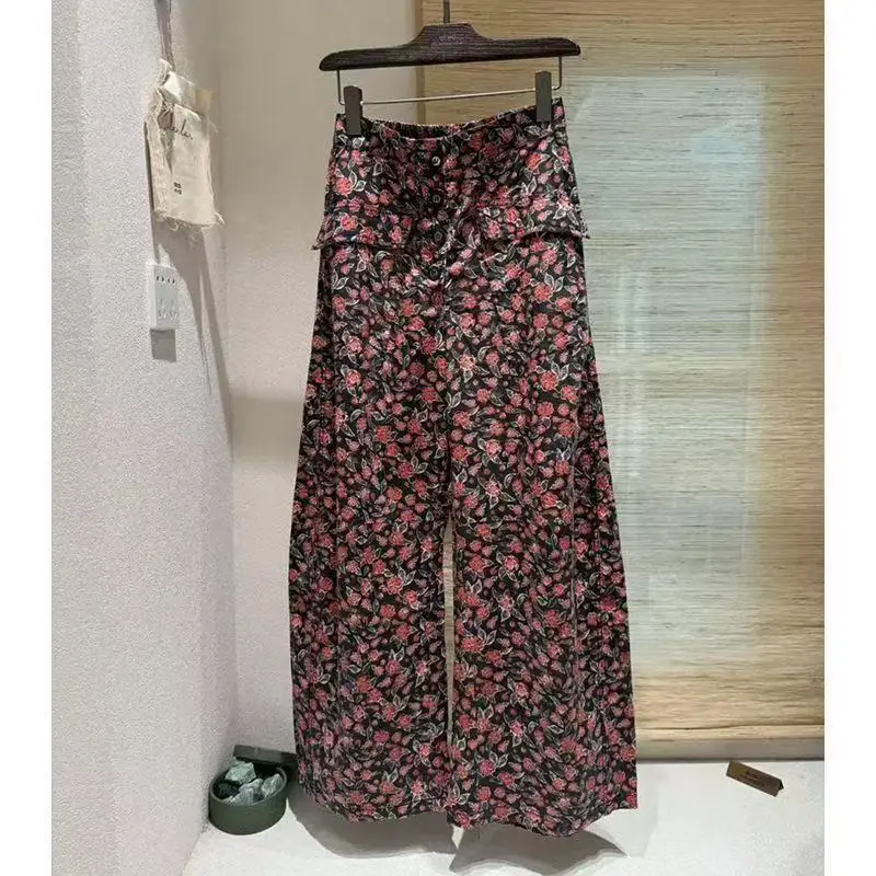 

Французские повседневные широкие брюки с цветочным принтом, женские эластичные свободные брюки до щиколотки, винтажные карманы с высокой талией