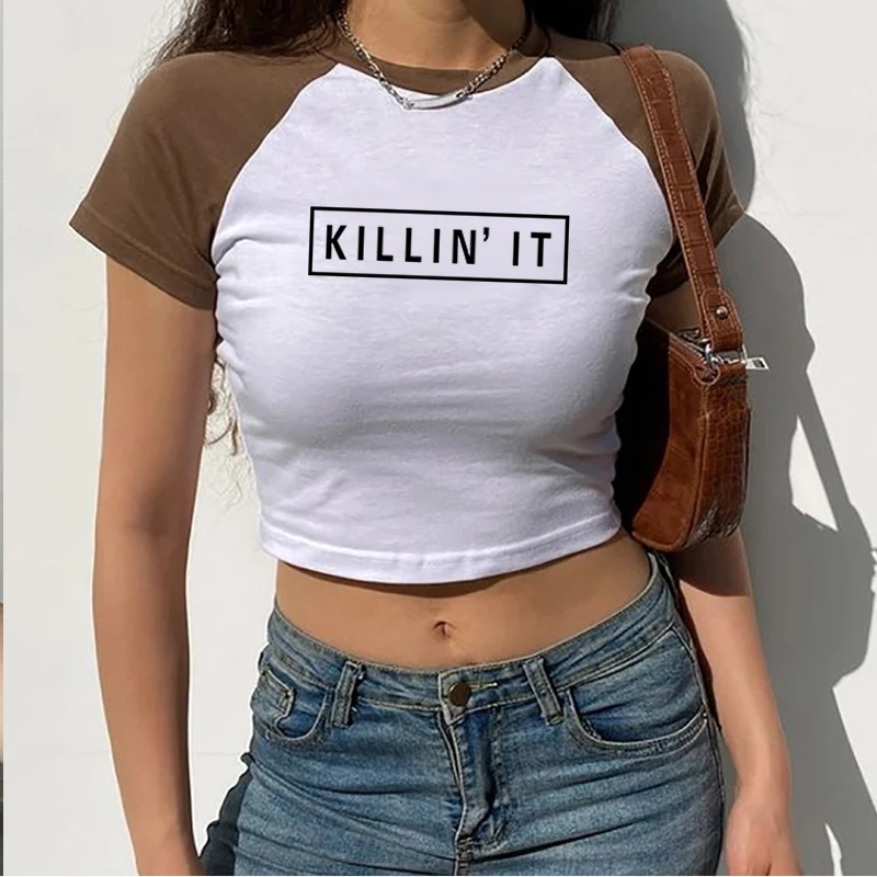 

Killin'it Letter Women's Cute Pattern Printed Crop Top, Retro Aesthetic Short Sleeves, Sexy Hottie T-Shirt, Y2k E Girls Clothing