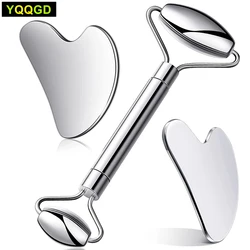 Face Roller and Gua Sha Set -Stainless Steel Gua Sha Board,Stainless Steel Face Roller,for Wrinkles,Anti Aging Facial Roller