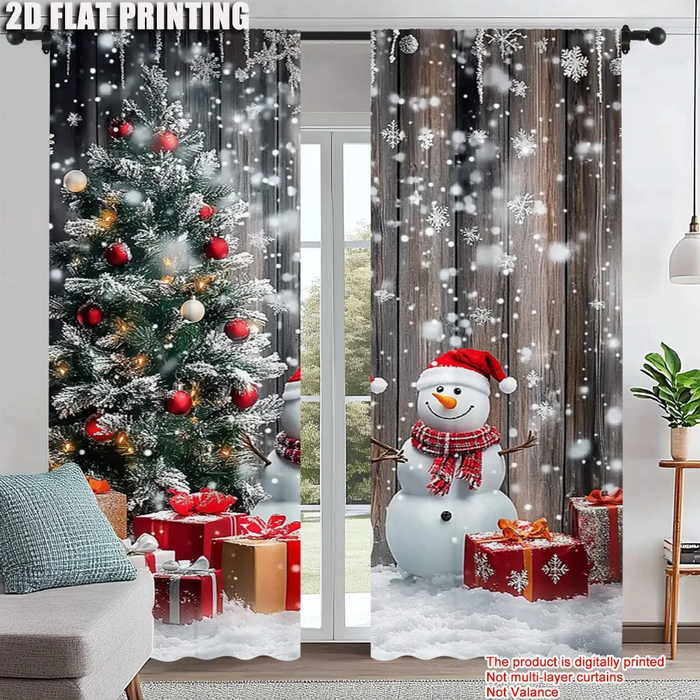 

2Pcs Snowman And Christmas Tree Design Rod Pocket Curtains Digital Print Polyester Drapes For Living Room Bedroom Dining Study