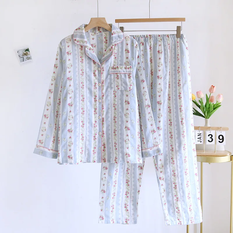 2026 Neues Japanisches Damen-Pyjama-Set aus 100% Baumwollgaze, Langarm, Lange Hose, Zweiteiliges Set, Frisch und Süß, Dünne Hauskleidung – Detail 4