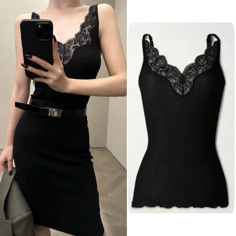 

customized women's adult fashion clothing retro style sexy lace edge base versatile V-neck silk camisole vest black top