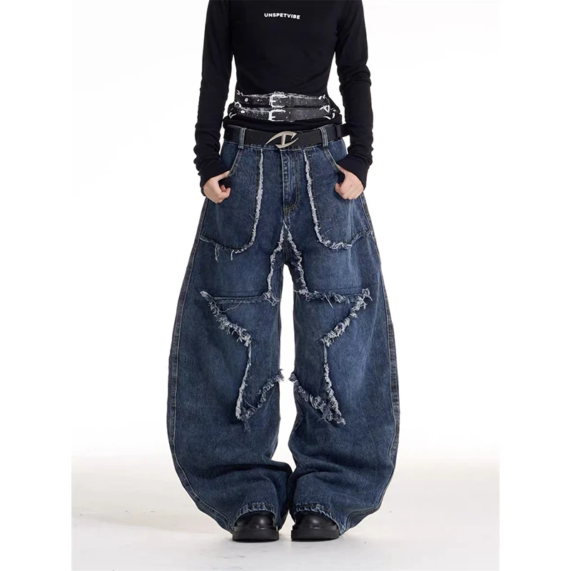 

ZHIZOU женские темно-синие мешковатые джинсы со звездами Y2k Harajuku винтажные джинсовые брюки эстетический стиль 2000-х годов джинсы оверсайз брюки осень