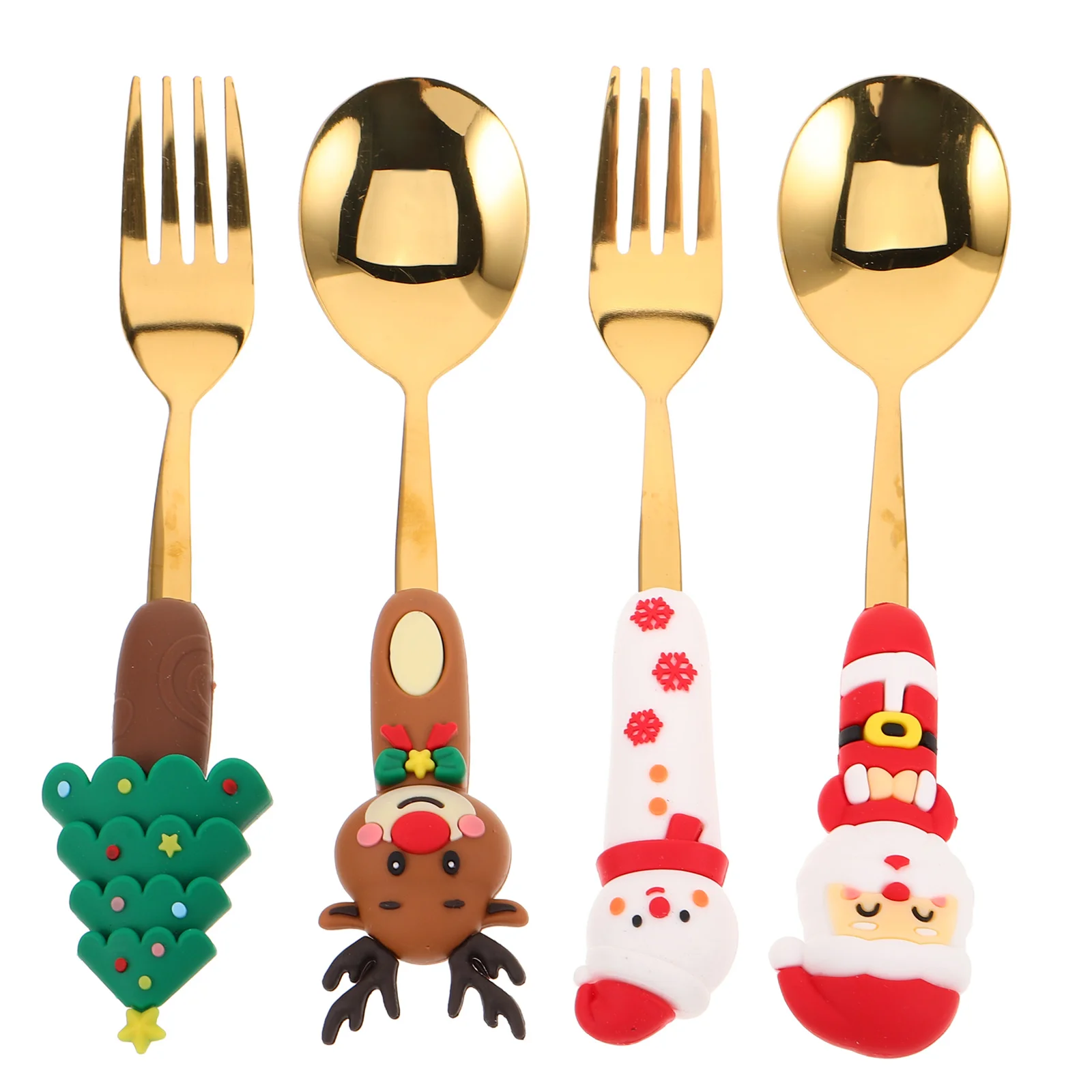 

4Pcs Christmas Tableware Set Stainless Steel Dessert Forks Spoons Festive Santa Xmas Tree Design Coffee Stirring Ice Cream