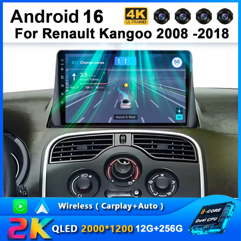 Für Renault Kangoo 2008 -2018 2 Din Android 16 Autoradio Multimedia-Player Carplay Autoradio Stereo GPS IPS 2K QLED 4G Head Unit