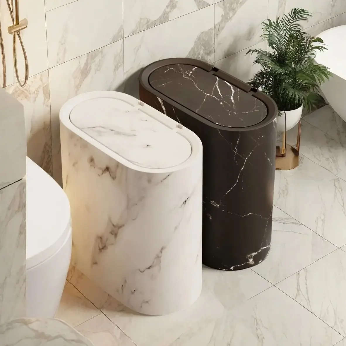 For Bathroom, Bedroom 1pc Marble Pattern Trash Can with Lid - Press-Top Design, Plastic Bin, Modern Black & White Marble Texture