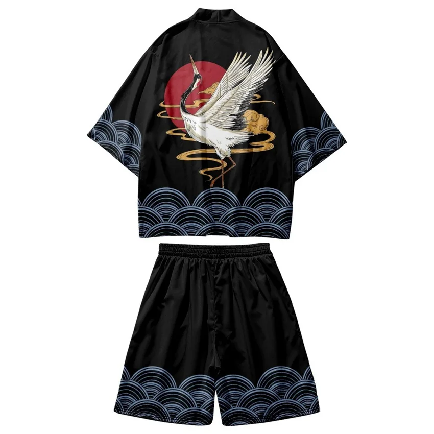 Summer Two-piece Suit Vintage Japanese Loose Cardigan Newest Haori Yukata Hannya Mask Print Kimono Shorts Sets