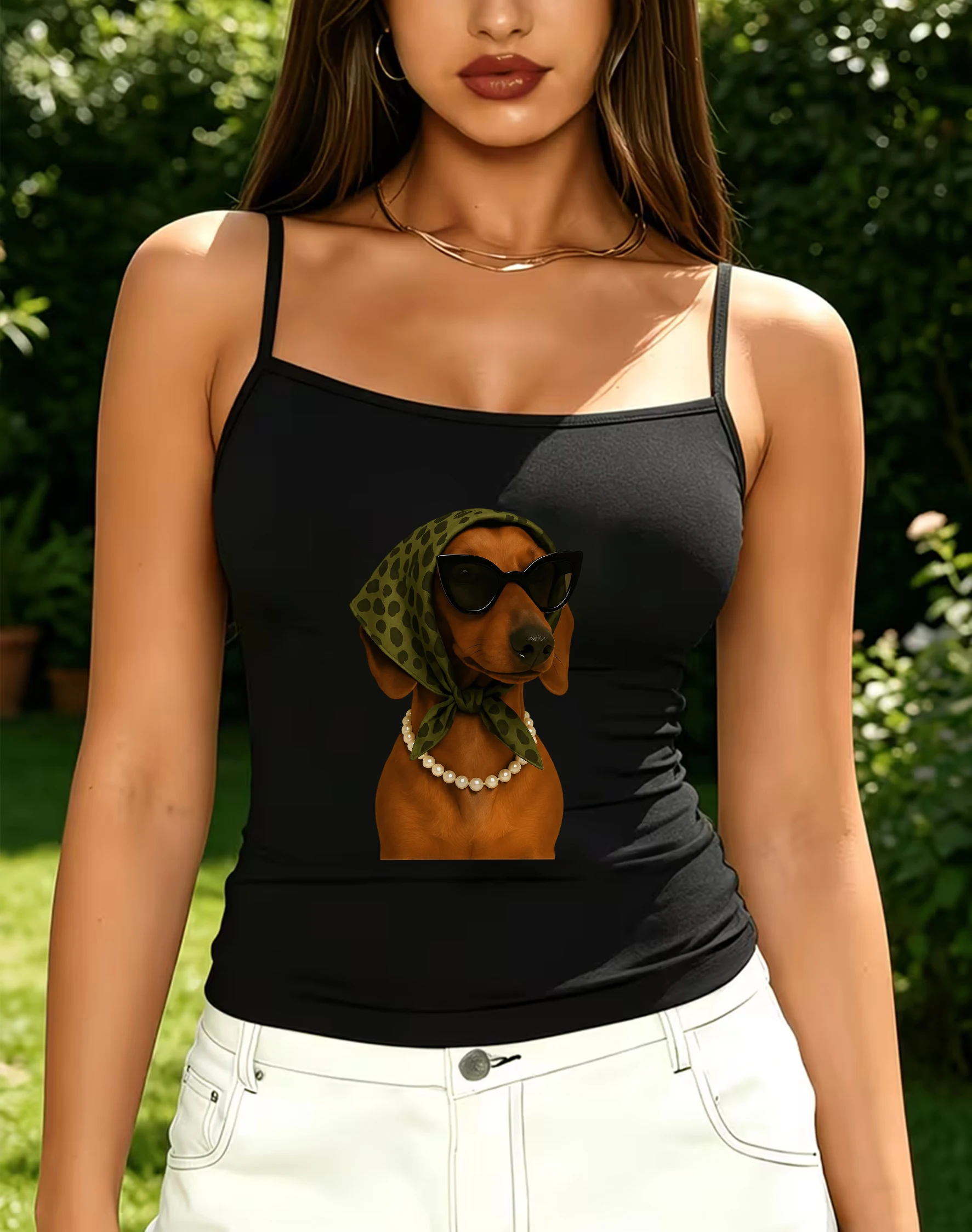 Cute Retro Diva Dachshund Graphic Cami Tank Top Women Square Neck Sleeveless Slim Fit Lover Casual Daily Layering Sling Shirt
