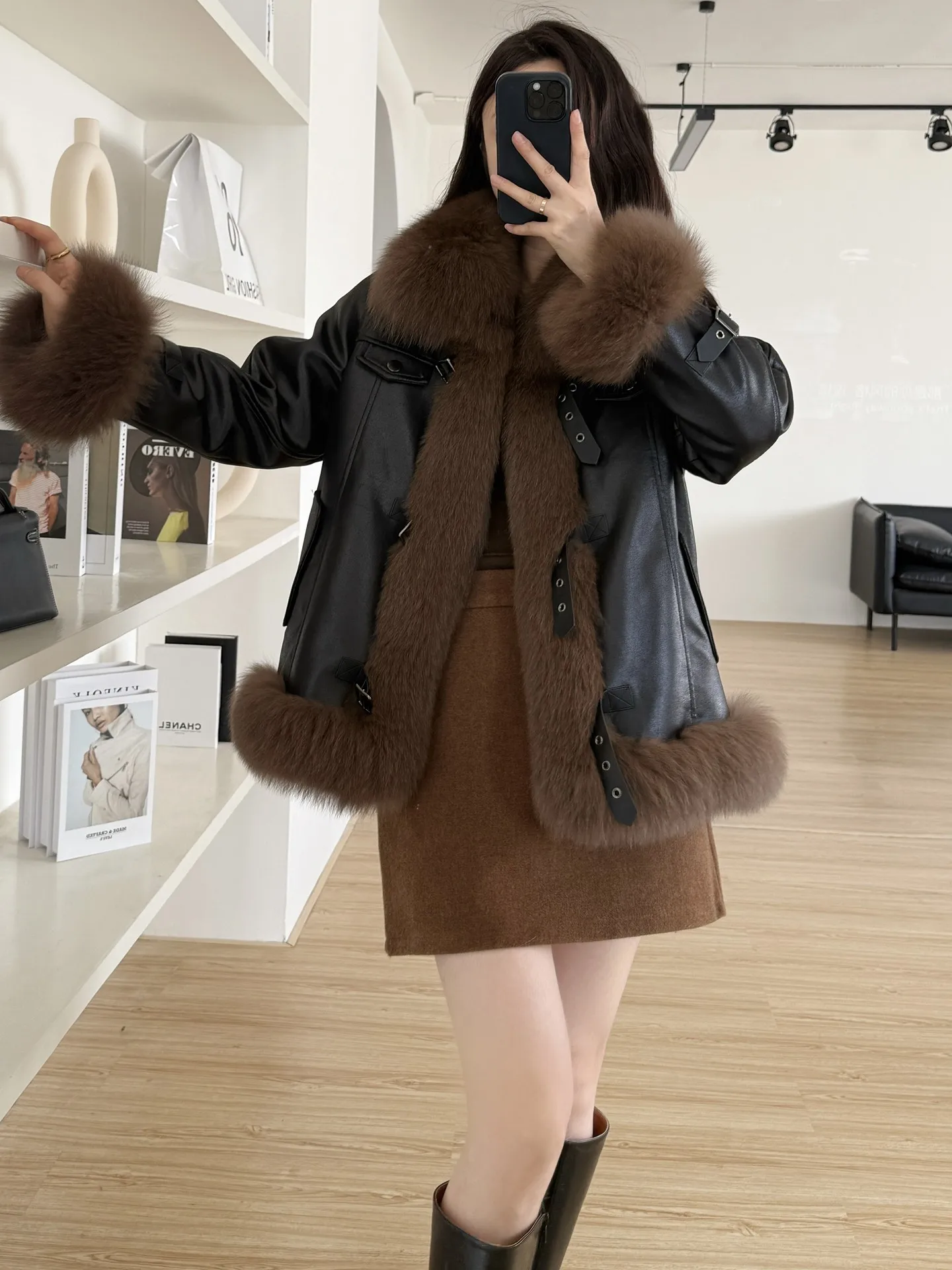 Peter street 2025 inverno nova locomotiva camurça casaco de pele de raposa feminino branco ganso para baixo jaqueta explosão