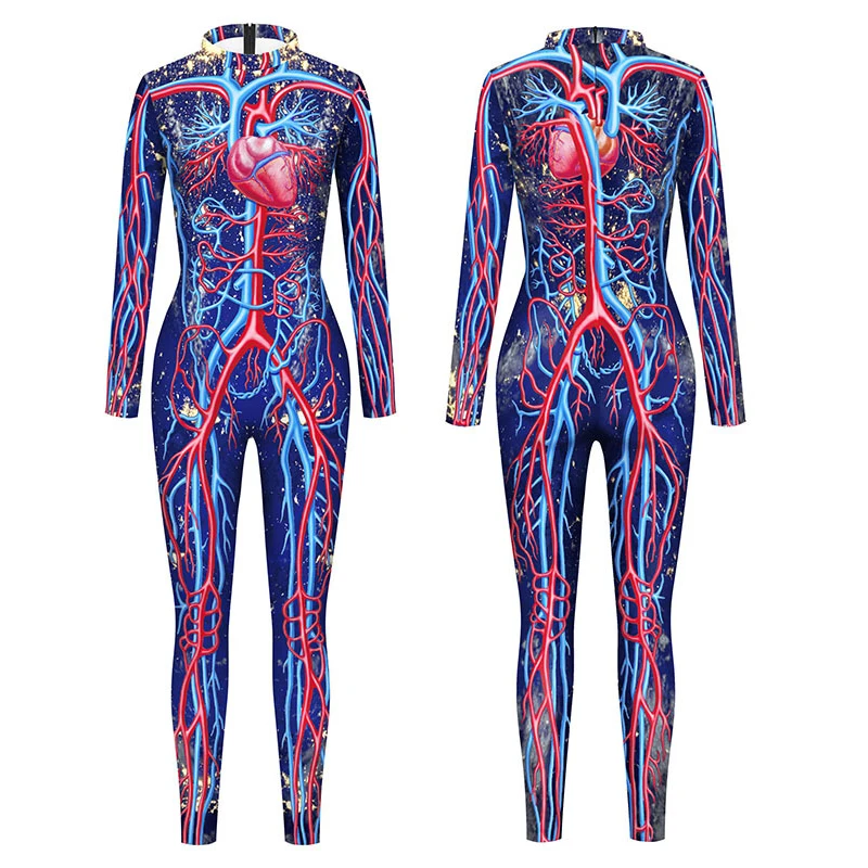 Human Body Organ Printed Jumpsuit Men Women Blood Vessel Print Halloween Cosplay Costume Long Sleeve Party Show Bodysuit Outfit