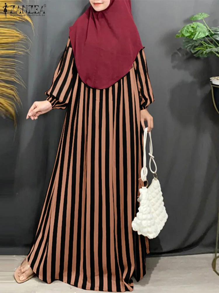 

Fashion Long Sleeve Striped Muslim Dresses Abaya Islamic Robe Women Autumn Maxi Sundress 2024 ZANZEA Casual Loose Dubai Vestidos