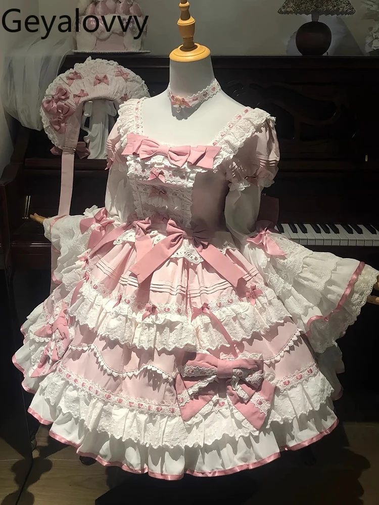 Różowa Lolita Elegancka Urocza Koronkowa Sukienka Księżniczki z Falbankami na Rękawach Japońska Nowa Sukienka na Urodziny z Wysokim Stanem Wyszczuplająca Kokarda