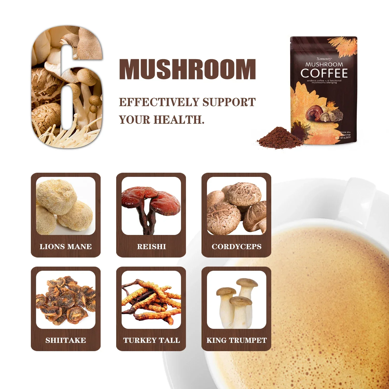 Mushroom Coffee Supplement - Energy Support, Mental Clarity, Brain Booster, Antioxidant, Memory Enhancer