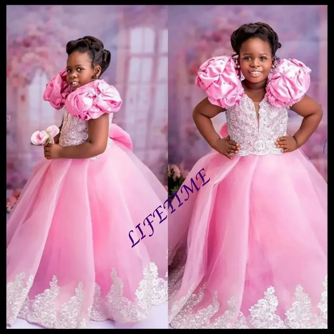 ชุดเดรสเด็กผู้หญิงสีชมพูอ่อน ผ้าทูลล์ประดับมุก สำหรับงานแต่งงาน งานวันเกิด งานเลี้ยง ชุดเจ้าหญิง สั่งตัดได้