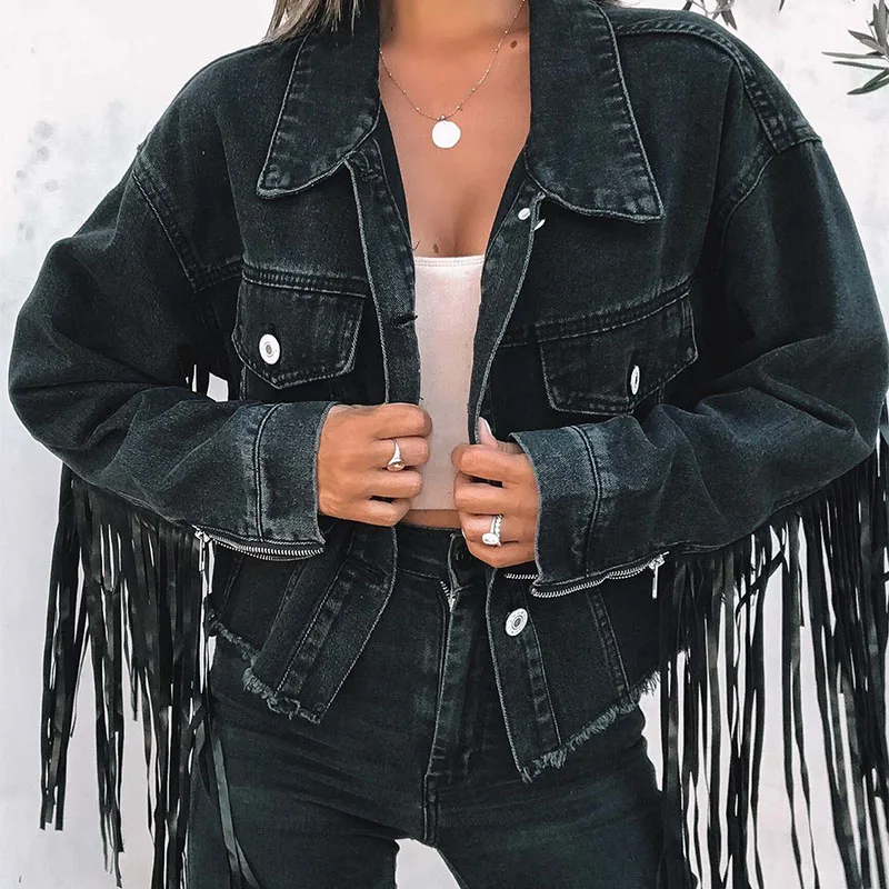 

Fashion Tassels Fringed Vintage Green Denim Boho Black Jacket For Women Casual Streetwear Jean New In Outerwears Winter Coat Top