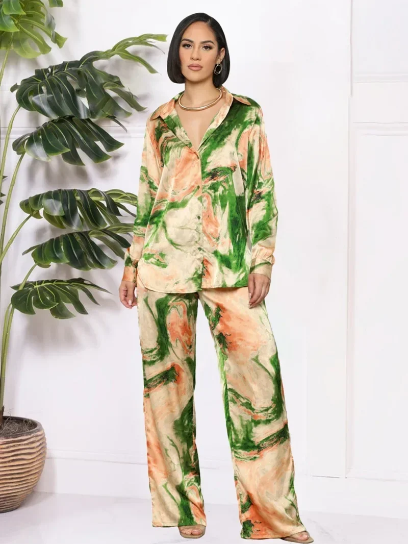 

GUWU Casual Fall Women's Set Tie Dye Print Full Sleeve Shirts +Wide Leg Pants Party Street Two 2 Piece Sets Outfits