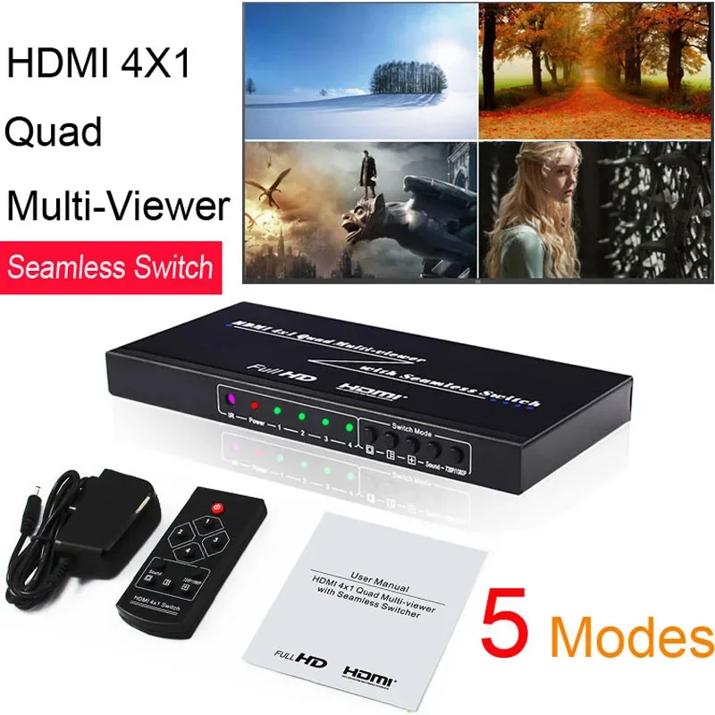 

1080P 4 Port HDMI Multiviewer 4x1 Quad Screen Multi Viewer Video Splitter Seamless Switch for PS4 Game Laptop PC To TV Monitor