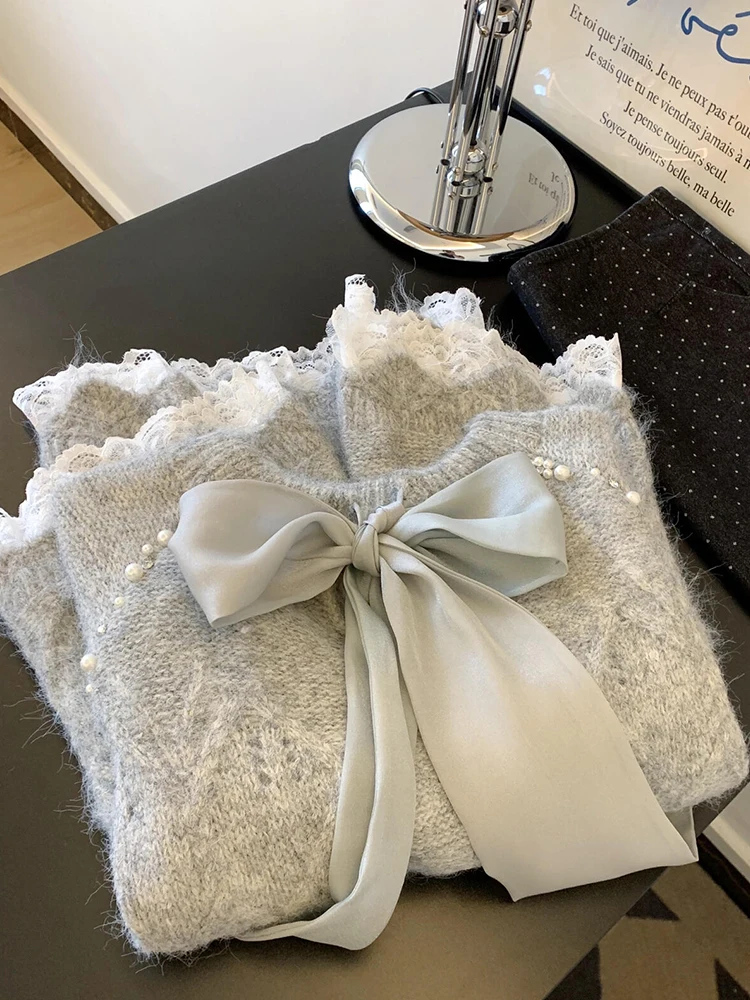 

Серый свитер, женский свитер из мохера с тяжелыми бисером, осенне-зимний ленивый кружевной лоскутный трикотаж