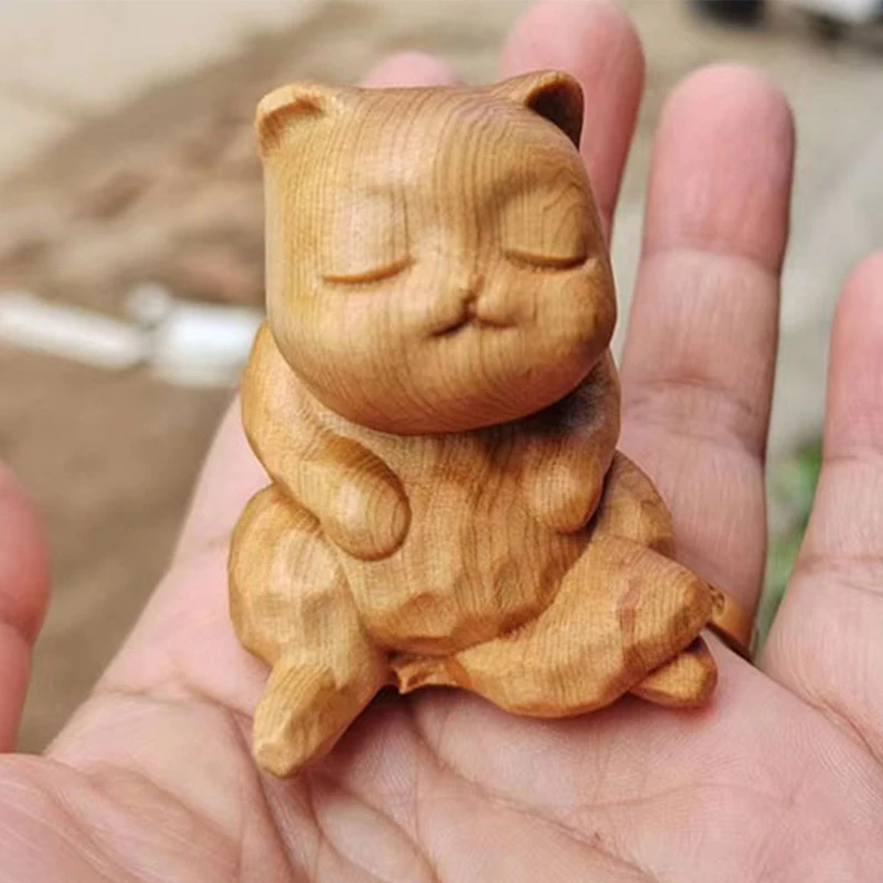 Estatuilla de Animal de gato de madera hecha a mano pequeña, escultura de gato tallada, estatua, estatuilla en miniatura, artesanías, 6 tipos