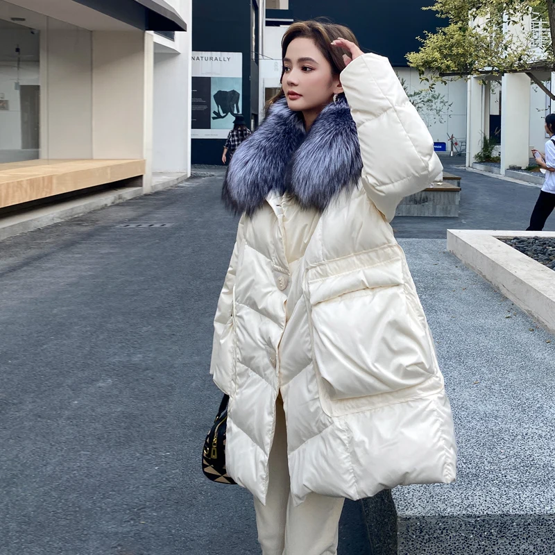 New Fashion Winter Natural Silver Fox Fur Coat Goose Down Jacket  Parkas Long Luxury Puffer Jackets Clothing Women