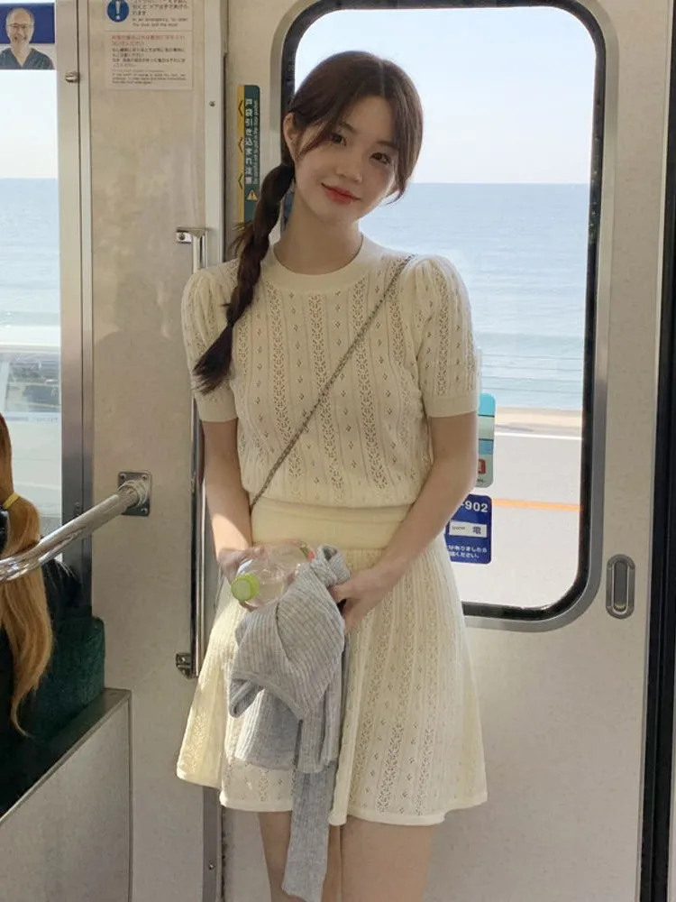 

Ort вязаный свитер с цветочной вышивкой, женская юбка трапециевидной формы с высокой талией, летний новый комплект Sle Age-Defng Ele